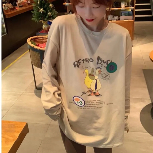 Official picture round neck cartoon duck print mid-length thickened brushed T-shirt female Korean version loose foreign style top