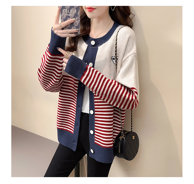 Round neck knitted cardigan women's spring new loose wear striped sweater coat lazy wind top tide