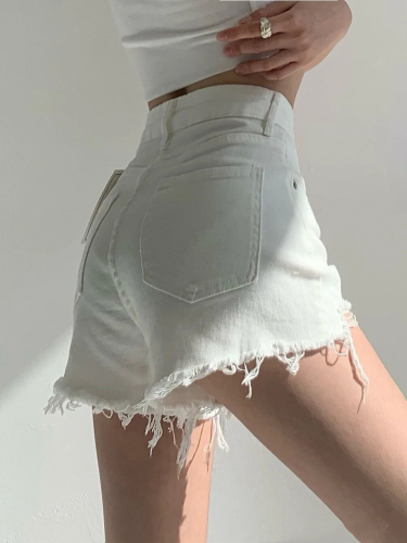 Design sense white denim shorts women's summer  new high waist all-match frayed wide-leg hot pants look thin and trendy