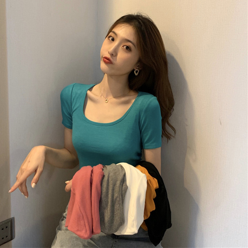 Fashion super hot summer new solid color U-neck short-sleeved T-shirt female Korean version of self-cultivation navel short student top trend
