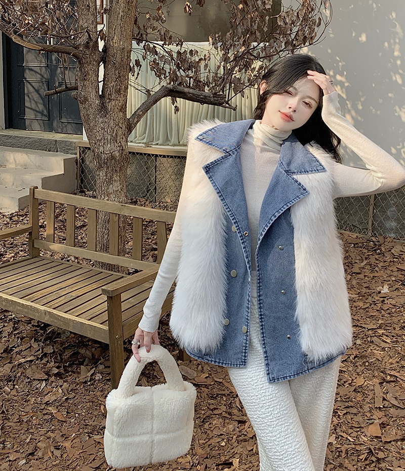 Real shot Autumn and winter new furry vest stitching denim fashion lapel celebrity style coat