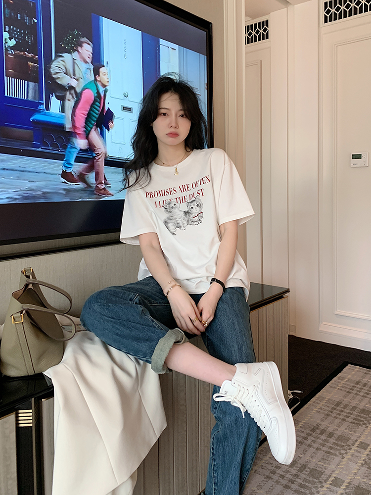 Jhxc white cotton short sleeve t-shirt female design 2022 spring and summer new loose Korean round neck bottomed top