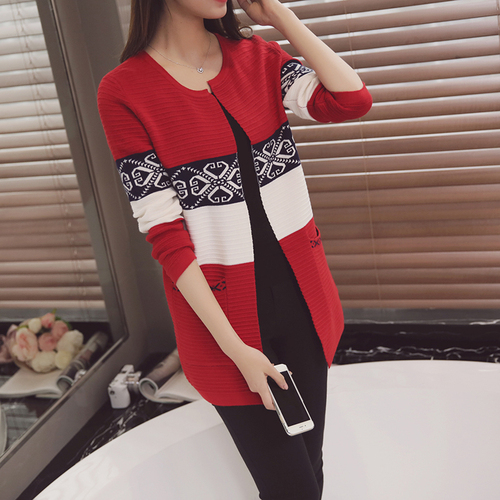 Autumn new Korean medium and long cardigan knitwear women's pocket retro national style long sleeve jacket sweater