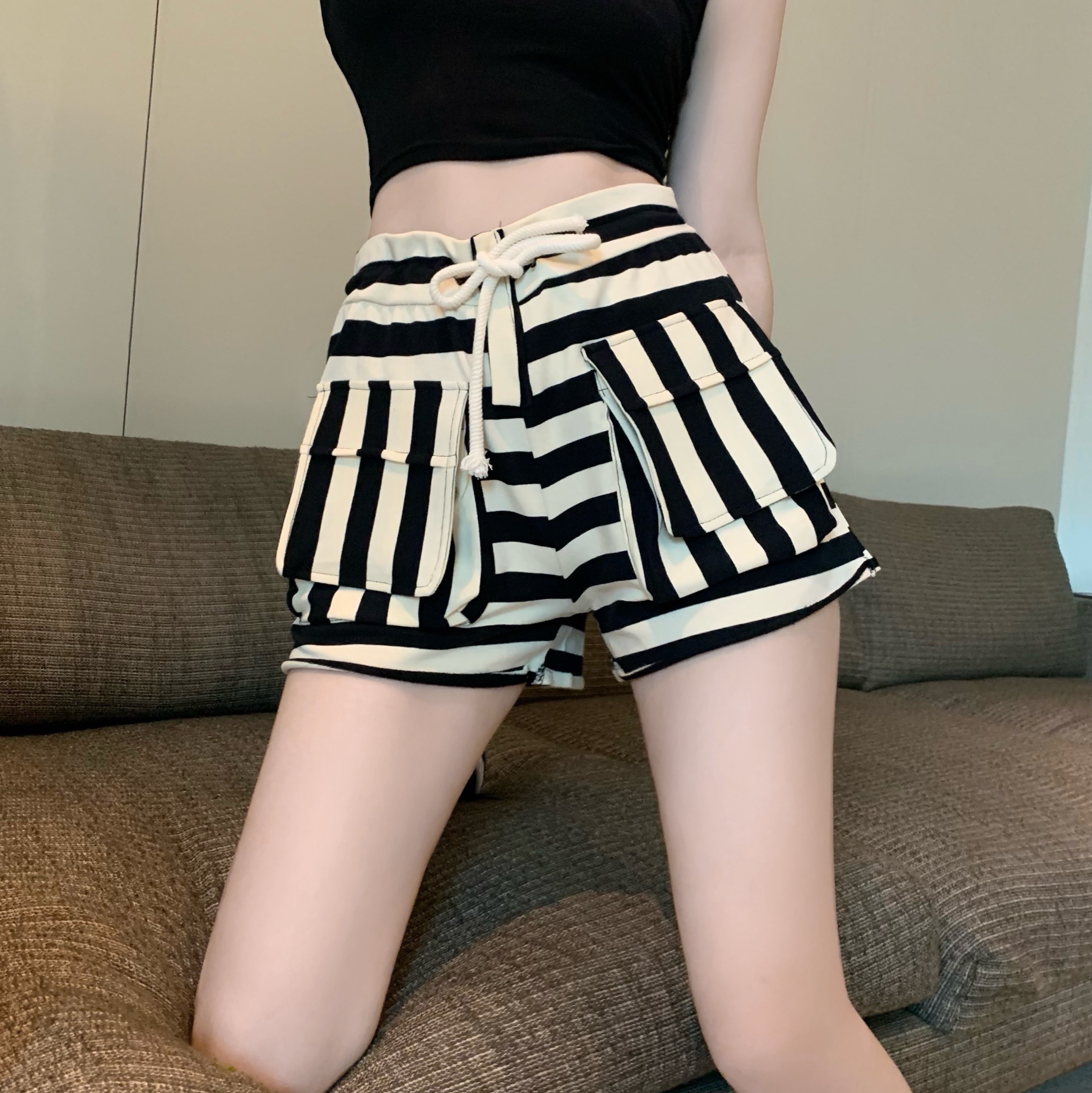 High waist striped shorts women's summer elastic waist loose wide leg pants wear thin sports A-shaped hot girl pants