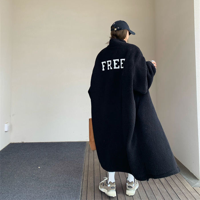 Single-breasted stand-up collar lambswool coat women's autumn and winter 2022 new mid-length over-the-knee loose all-match