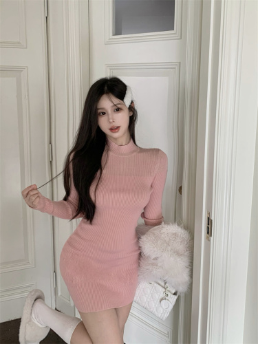 Real price real shot Autumn and winter new mesh stitching pure desire temperament bag hip knitted dress
