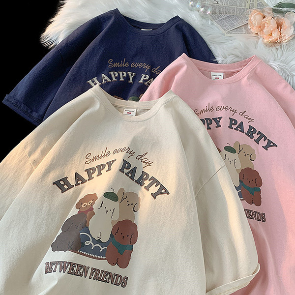2022 summer new Korean version oversize cartoon letter printing large women's round neck short sleeve T-shirt women