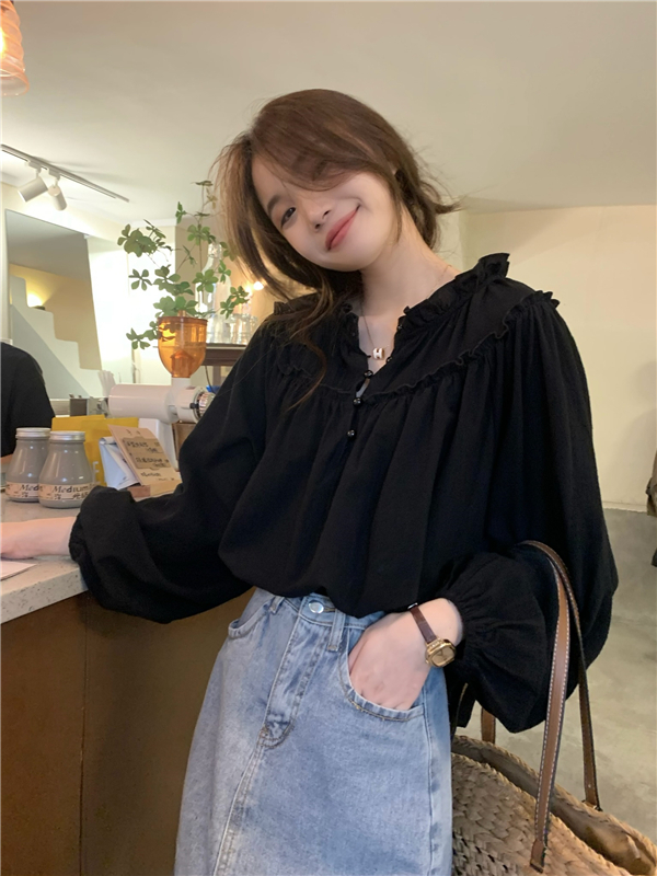 Real price puff sleeve chic fungus long-sleeved shirt women's French retro niche design top