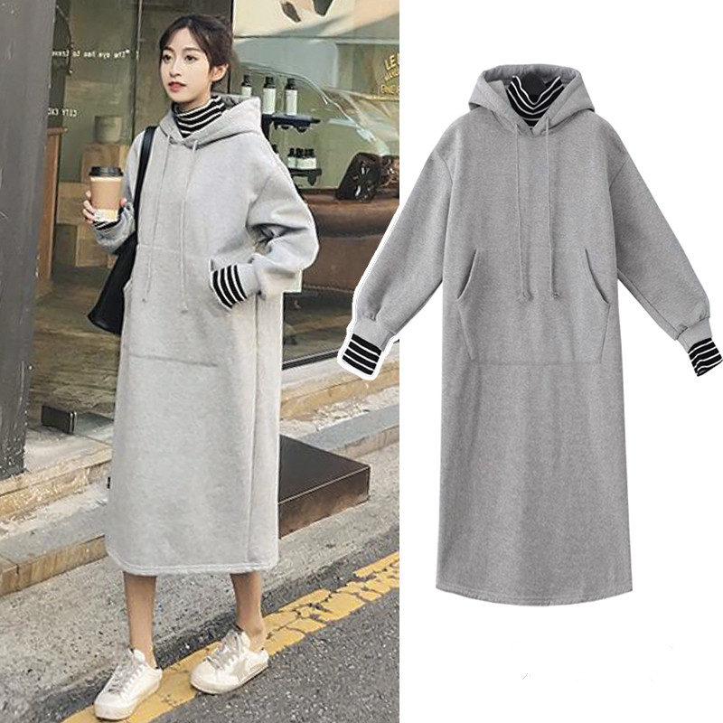 Autumn and winter Plush fake two piece toilet dress women's long knee dress spring and autumn loose oversized Hoodie