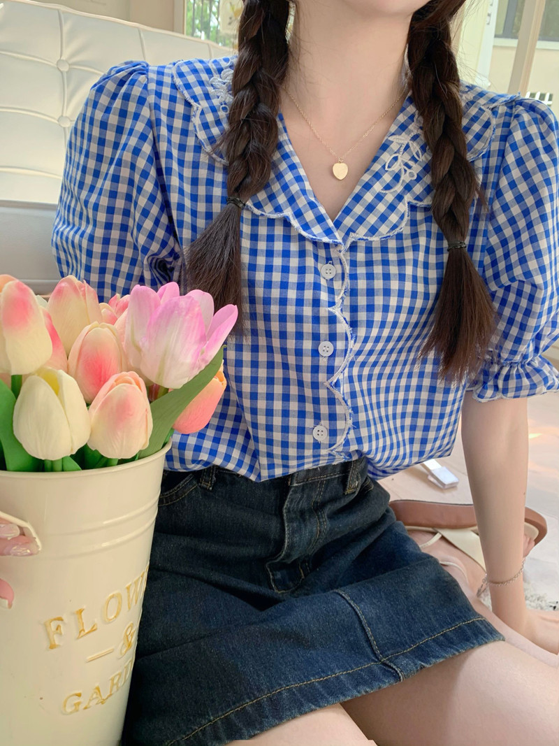 Real price real shot retro doll collar shirt loose color matching top