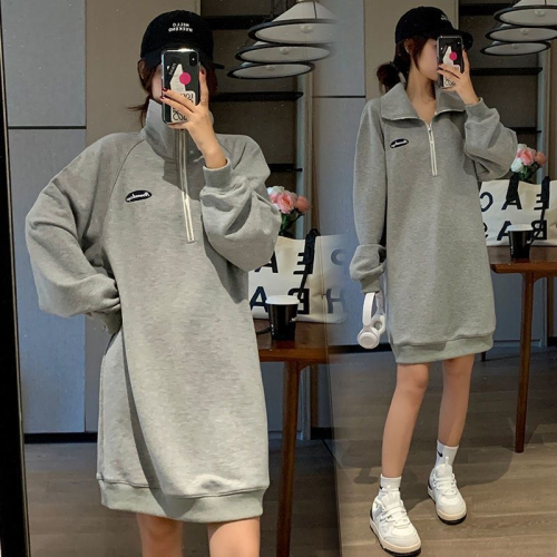 Mid-length sweater skirt women's fat MM large size thin autumn and winter zipper polo collar gray top coat 300 catties