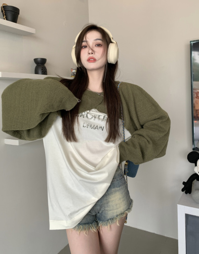 Real Price ~ Round Neck Cotton Letter Long Sleeve T-Shirt + Knitted Pullover Show Thin Shawl Jacket Sweater