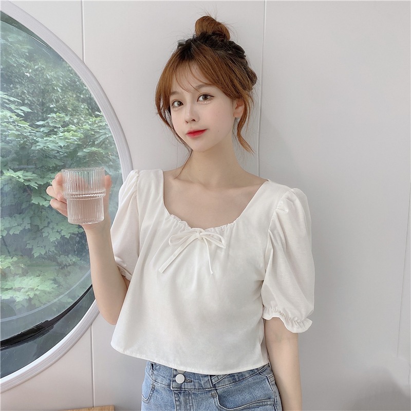 Real shot 6535 cotton bubble sleeve top women's design sense of minority short sleeve T-shirt women's solid color navel exposed short summer clothes