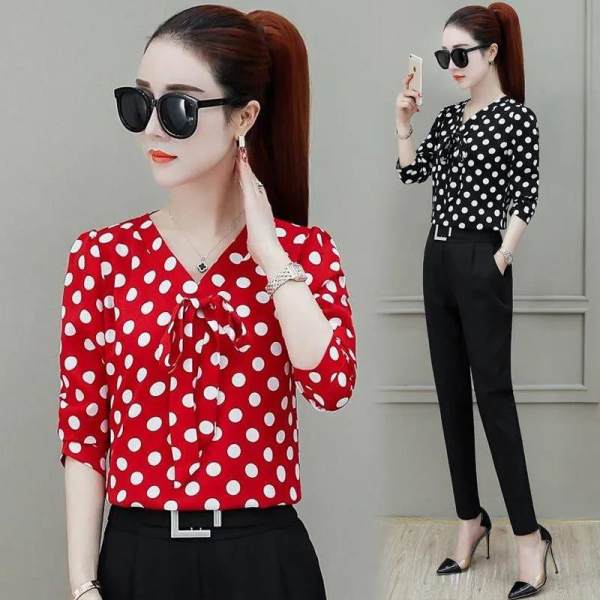 Long sleeve short sleeve wave Dot Chiffon shirt women's long sleeve Korean top foreign style bottomed shirt