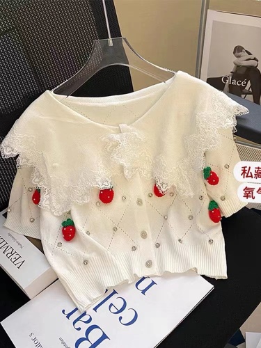 White Navy collar knitted cardigan 2022 summer new salt wear with strawberries and diamonds short navel top women
