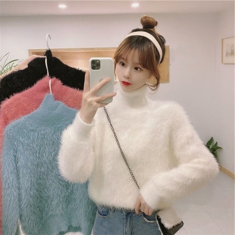 Very fairy imitation mink fleece sweater women's thick wool turtleneck pullover loose lazy wind milk blue autumn and winter outer wear thickening
