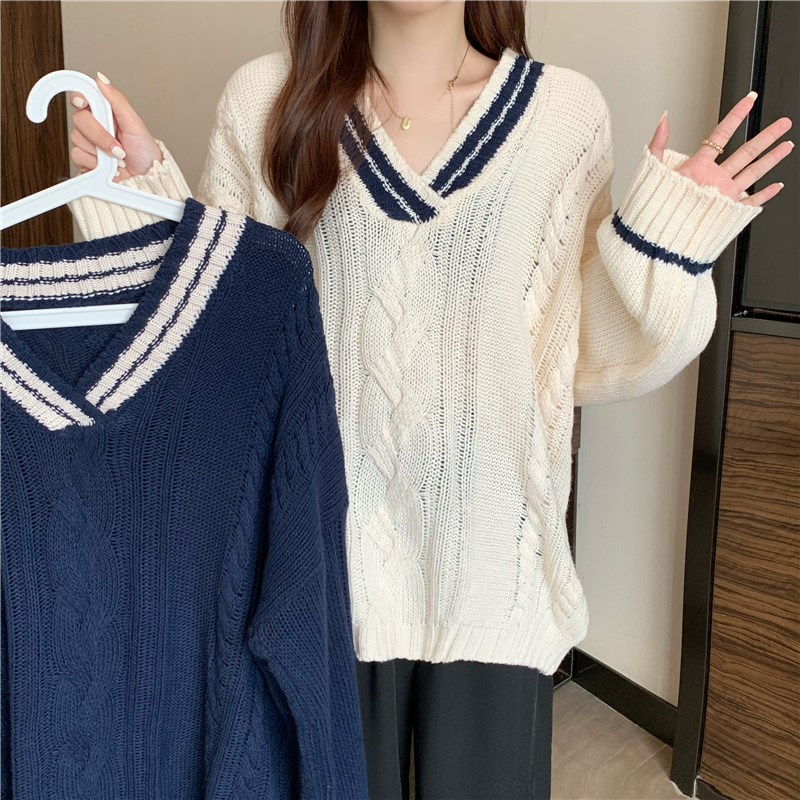 Real Price Autumn and Winter Lazy Colorblock Twist Sweater Pullover Women's Korean Version Retro V-neck Loose Knit Sweater Jacket
