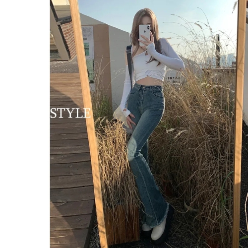 Women's 2023 Spring Dress New American Style Retro Slim Horseshoe Mopping Flared Jeans with High Waist Raw Edges