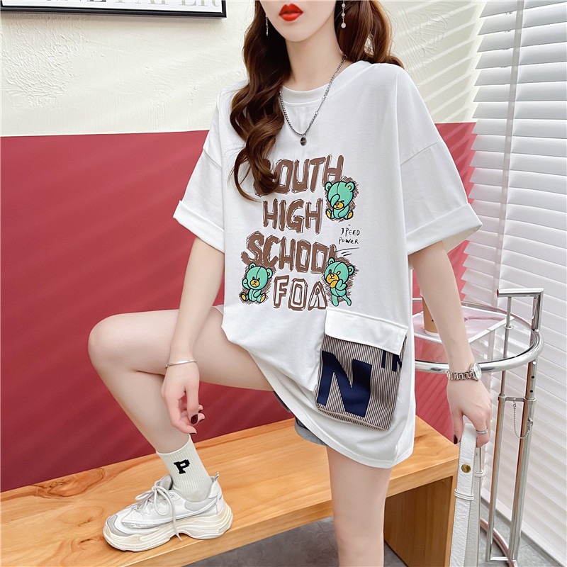 Real shot - Summer Korean loose round neck pocket letter printing medium and long size women's Short Sleeve T-Shirt