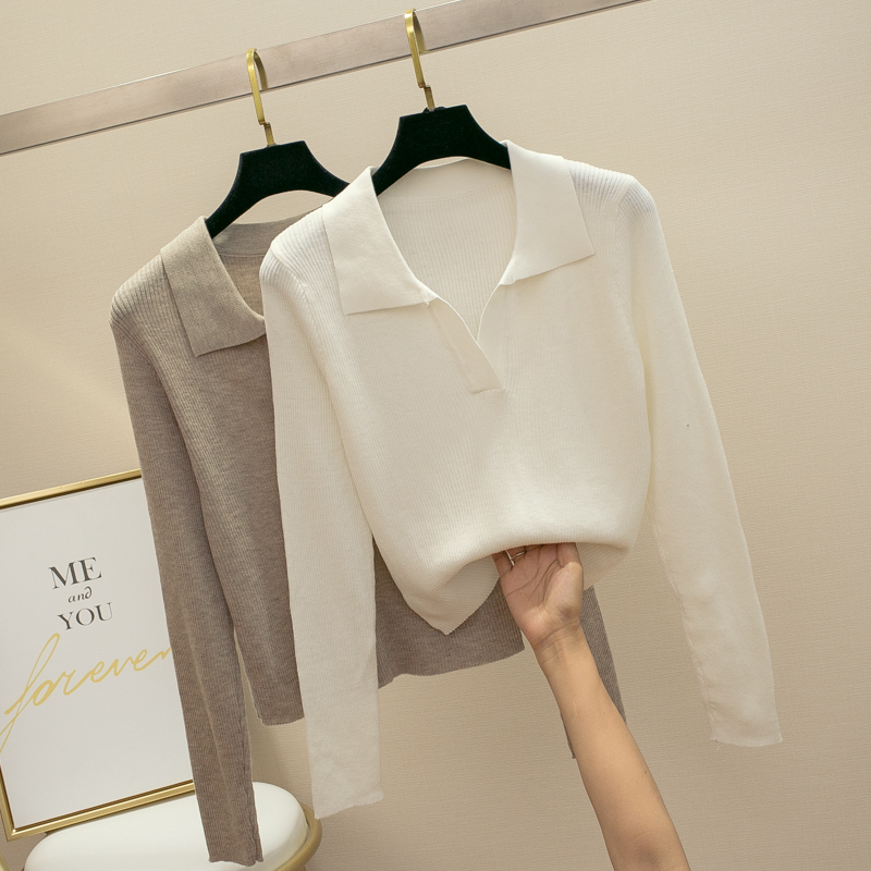 Polo knitted sweater women's long-sleeved autumn and winter new slim-fit sweater solid color bottoming shirt top thin section