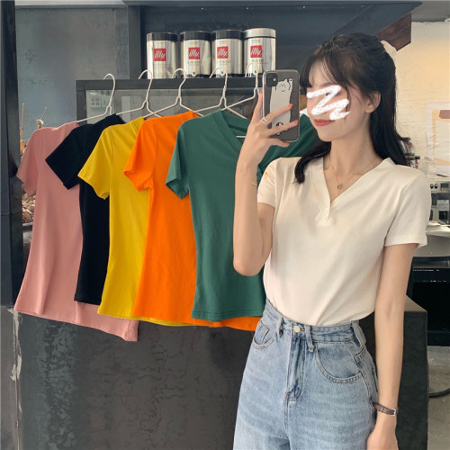 Real price 2021 summer new Korean V-neck slim short sleeve T-shirt