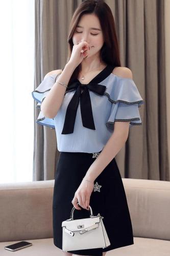 Real photo chiffon blouse women's summer new Korean version very fairy top off shoulder short sleeve westernized off shoulder sling