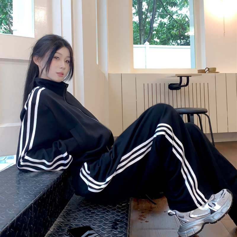 實拍新款運動棒球服時尚短款衛衣外套高腰休閒闊腿褲兩件套