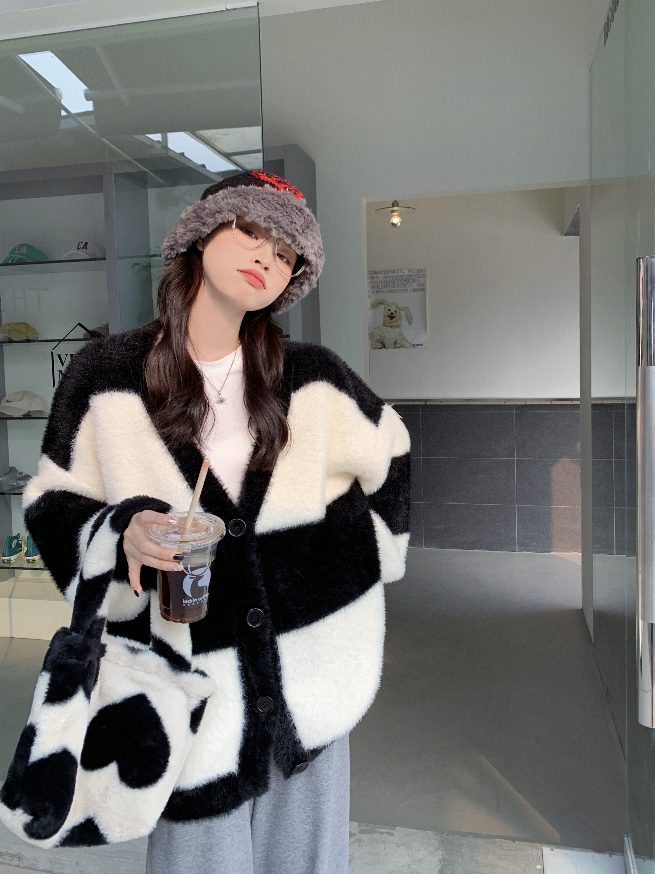 Real price real shot imitation mink fleece sweater striped coat women's autumn and winter loose cardigan thickening lazy wind v-neck
