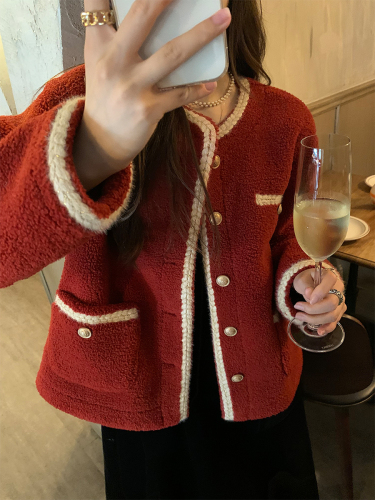 Red Small Fragrant Lamb Plush Jacket Women's Design Sense of Small Tops for Autumn and Winter New Plush Thickening