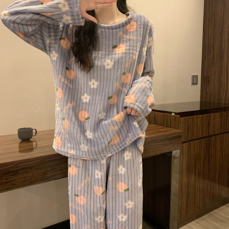 Real price ~ autumn and winter sweet peach coral velvet pajamas pajamas suit furry warm home clothes