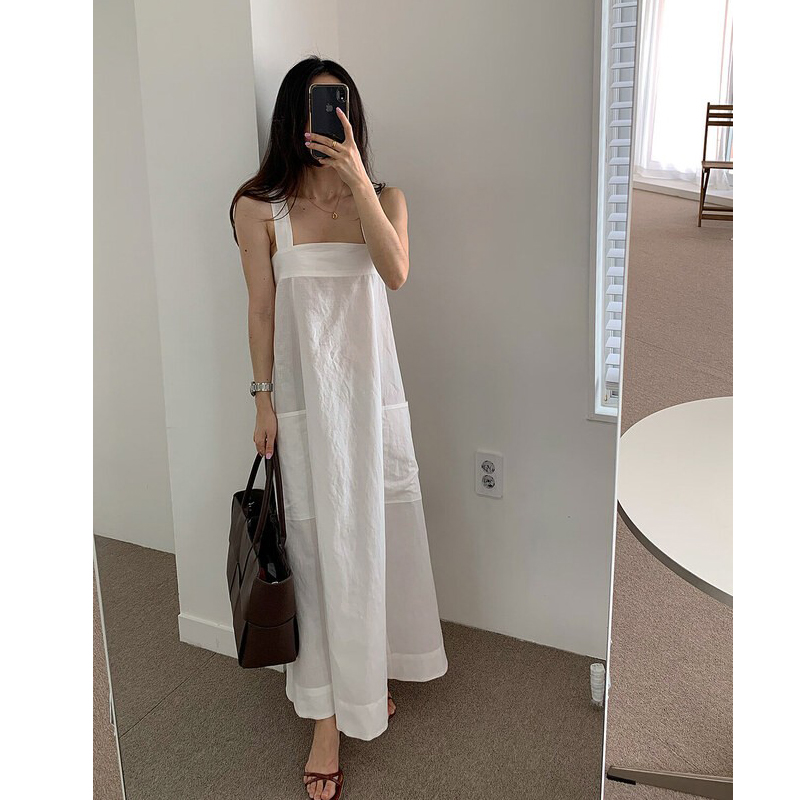 Korean chic summer French air double pocket loose sleeveless suspender dress