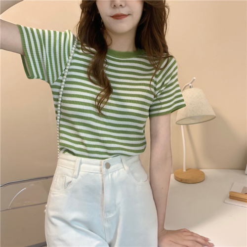 Ice silk short sleeve T-shirt women's summer 2022 new high waist thin striped slim fit short knit top