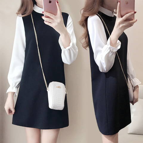 Women's dress 2022 autumn new Korean flare sleeve looks thin and fake two-piece set medium length Polo skirt long sleeve