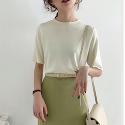 Half sleeve ice silk knit top women's spring and summer new Korean style all round neck solid color short sleeve Slim Fit Shirt