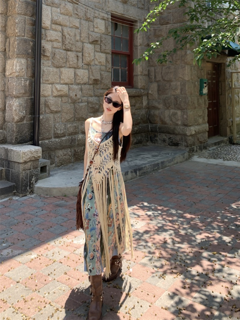 Real shot new Chinese style lace-up dress with hollow-out woven tassel vest top set 