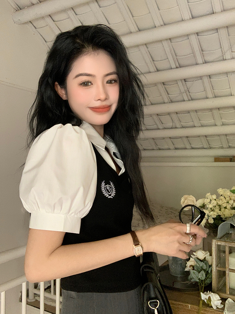 Puff sleeves fake two-piece shirt women's summer college style polo collar slim fit trendy student short-sleeved top