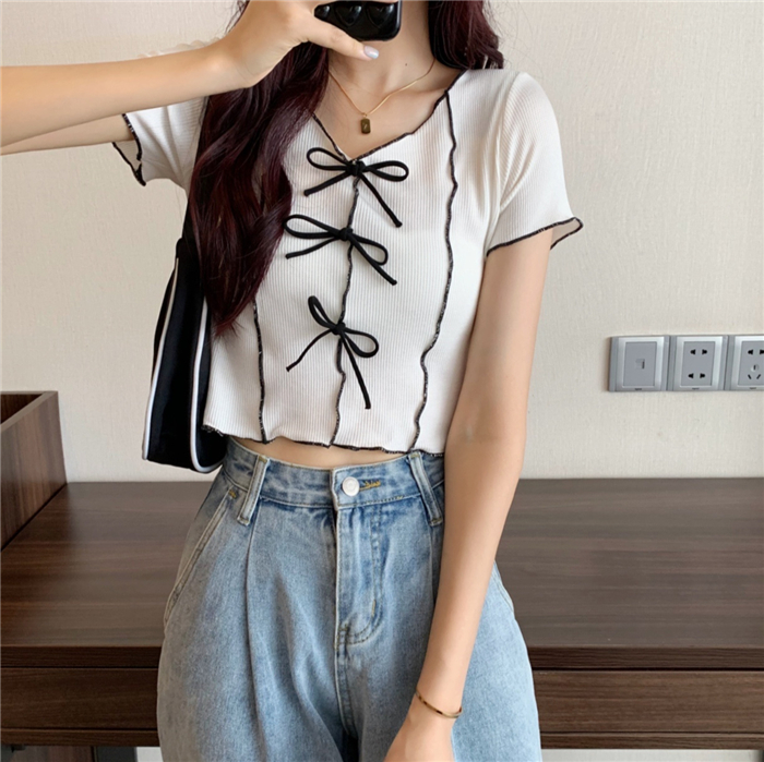 Real price bowknot wood ear V-neck short short sleeve slim versatile T-shirt top bottom coat