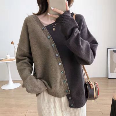 Irregular knitting Pullover Sweater women's casual soft waxy color matching oblique cardigan autumn
