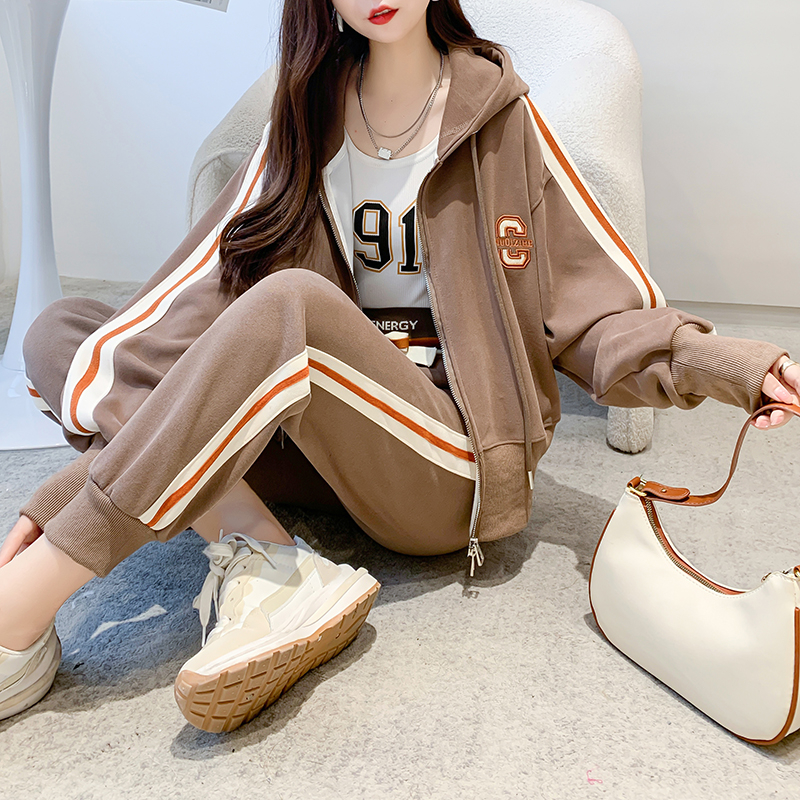 Real shot autumn Korean version 6535 fish phosphorus sports wind two-piece hooded sweater sweatpants zipper cardigan suit female