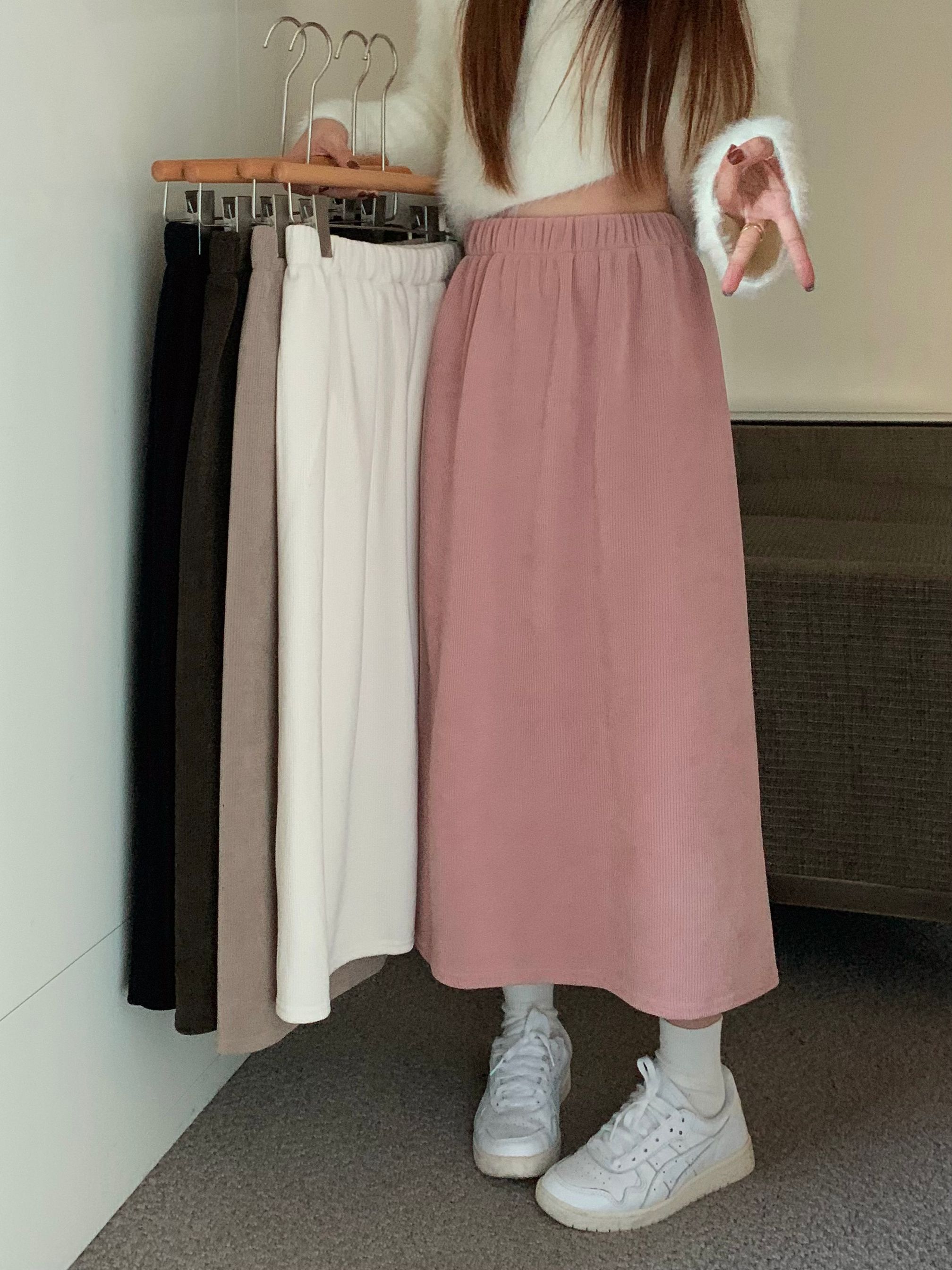 Real shot real price velvet thick skirt autumn and winter all-match casual mid-length skirt with elastic waist and rear split