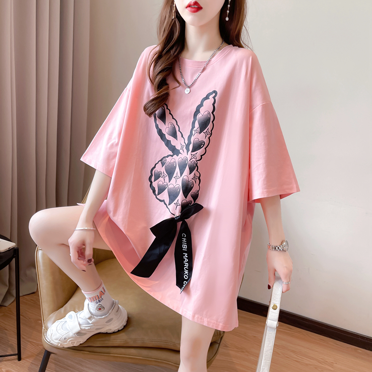 Real shot - Summer Korean version medium and long loose bow short sleeve t-shirt female