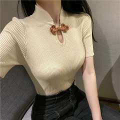 2020 summer retro button careful machine top women show thin T-shirt foreign style ice silk short sleeve T-shirt