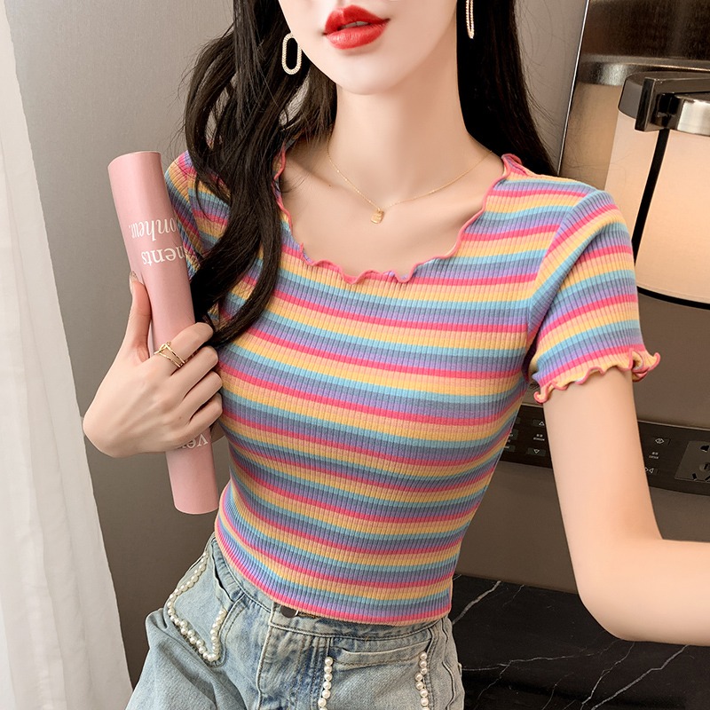 Real shooting of pure cotton short sleeved women's wear in summer, knitted striped fungus edge design, a sense of fashion of minority tops