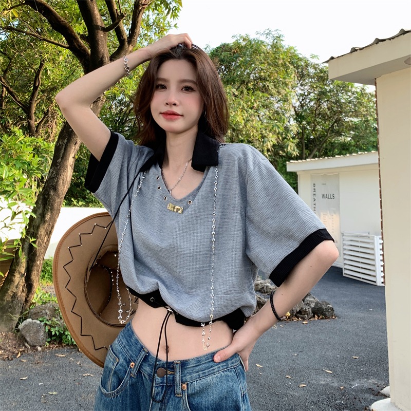 Waffle chain short-sleeved t-shirt women's design sense loose short drawstring top