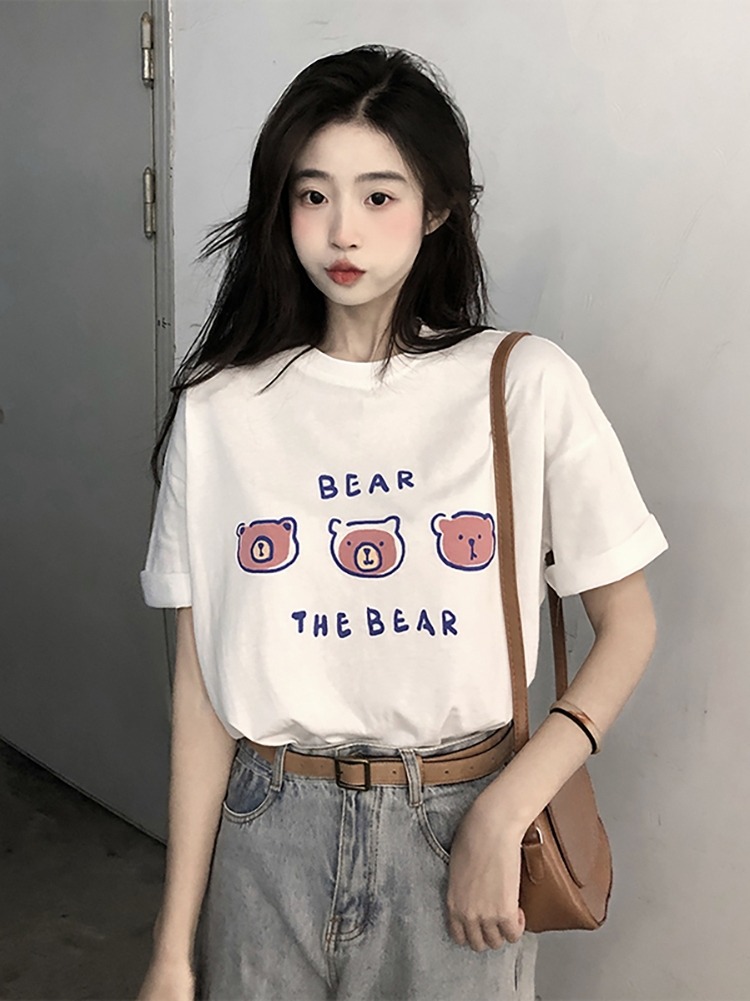 Cotton style short sleeved female Korean student printed loose top