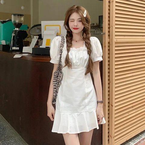 Sweet Spice Girl Bubble Sleeve white dress women's summer  new French first love small short skirt