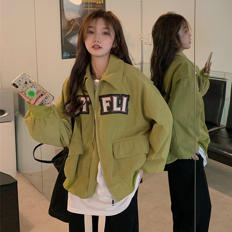 Corduroy baseball jacket coat autumn and winter 2022 new American retro letters loose long sleeve outside jacket women's wear