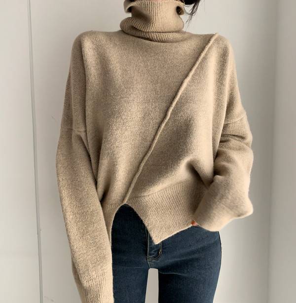 Korean chic new slash slit design thickened turtleneck warm knitted sweater