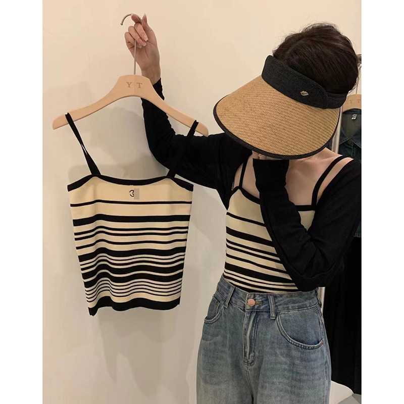 Korean style simple light luxury thin shoulder belt embroidery stripe color matching knitting bottoming out vest women's new summer slim fit