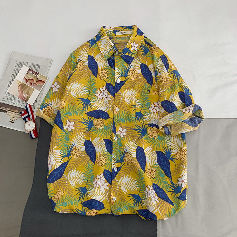 Summer new Japanese men's Hong Kong Style beach lovers Casual Short Sleeve printed shirt
